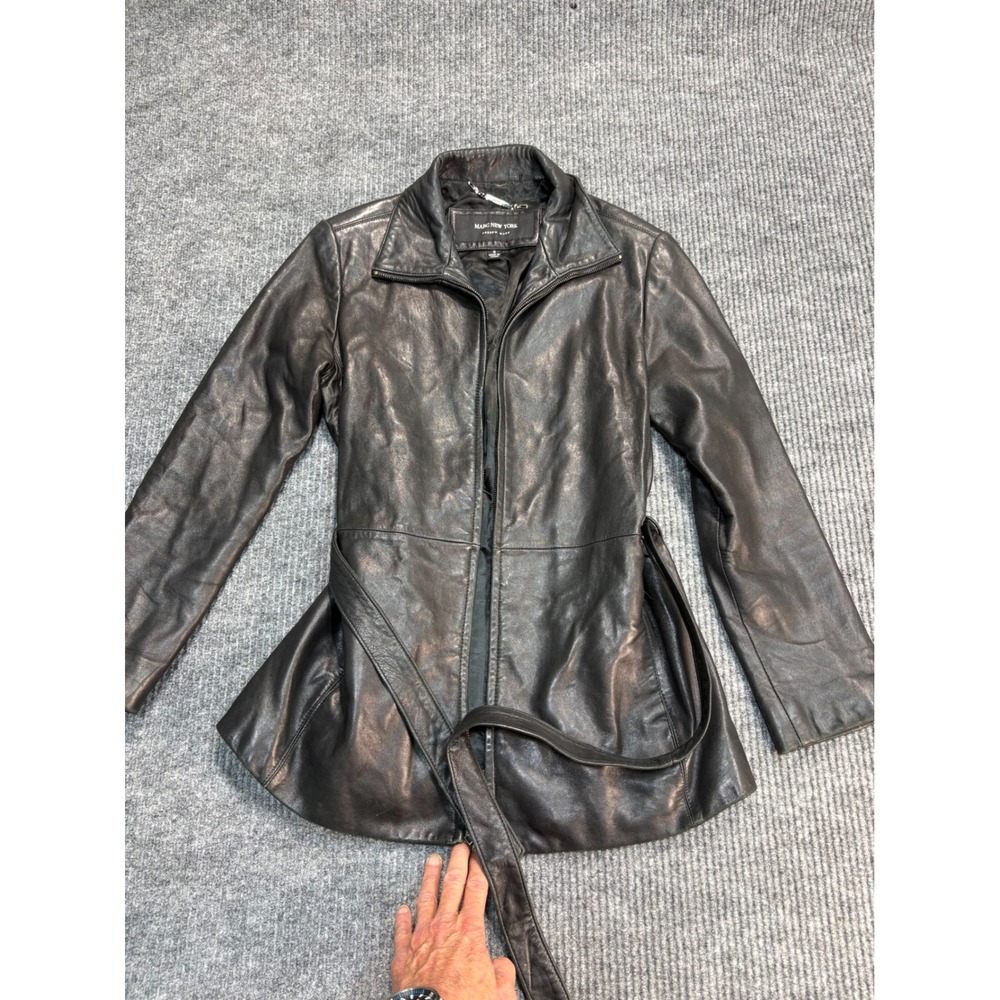 Marc New York Andrew Marc Black Leather Belted Zip Front Jacket Womens Small